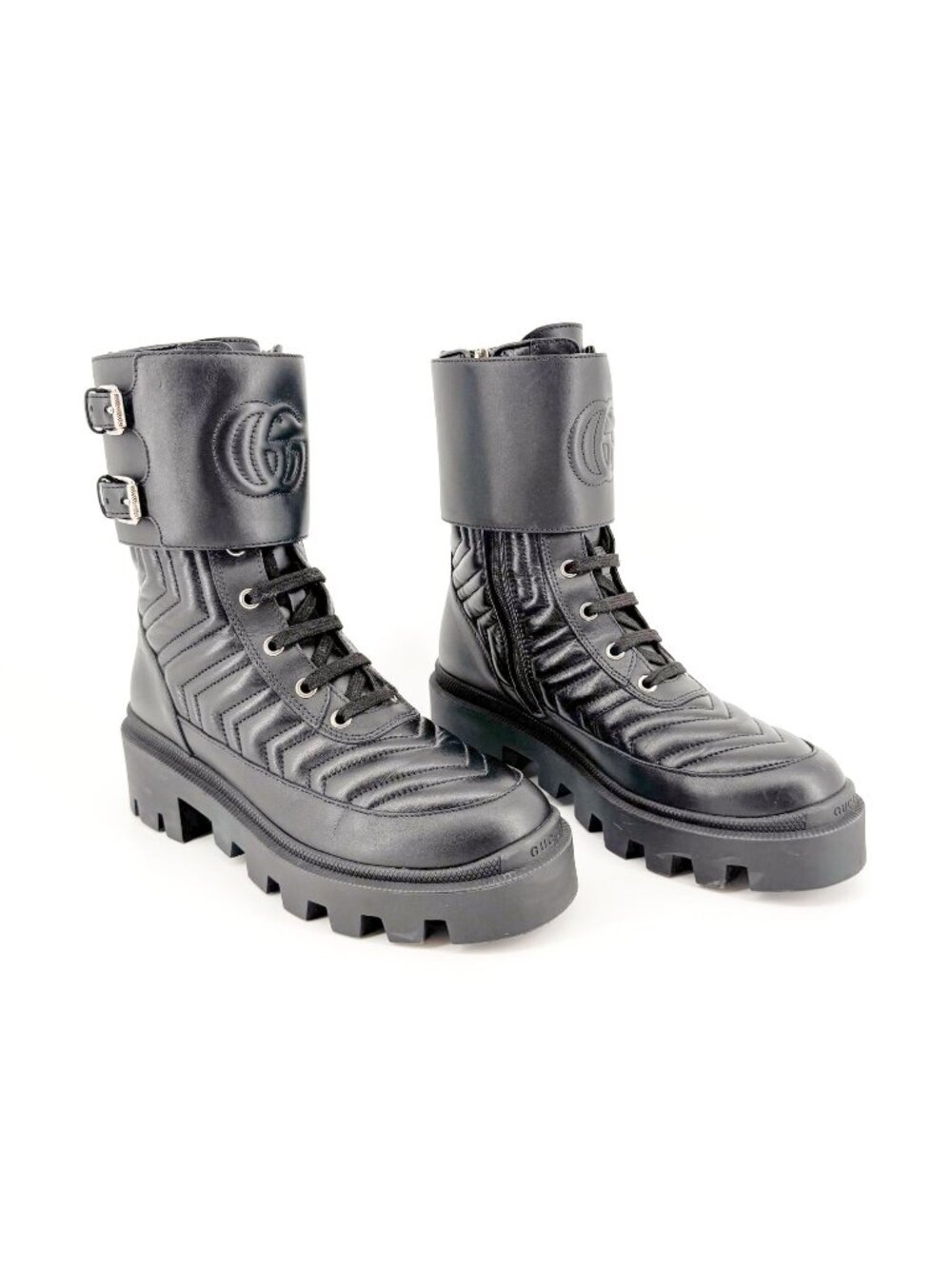 Gucci Frances GG Lug Combat Boots EU 36 US 6 Black Matelasse Quilted Leather